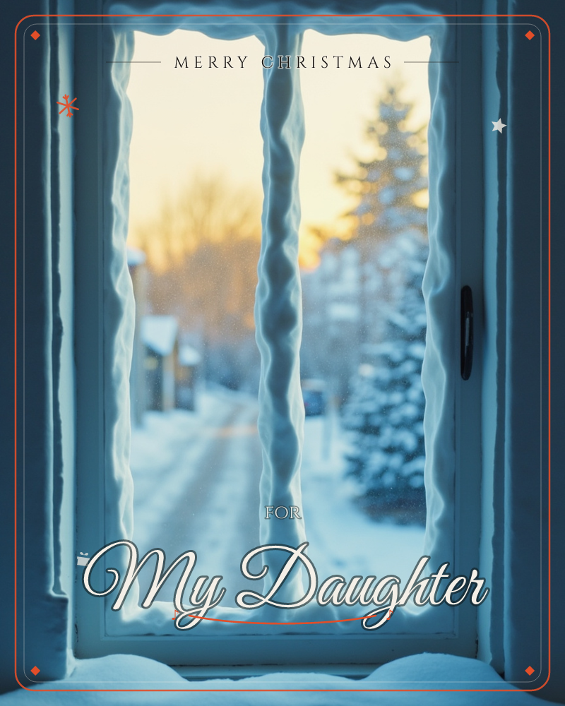 A frost-rimmed window looks out onto a snowy village lane at dusk, its panes edged in thick crusts of ice, a christmas e-card design