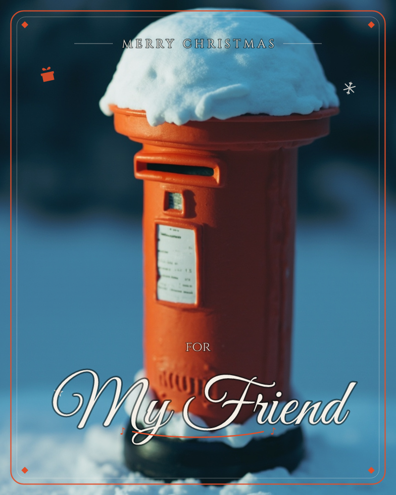 A traditional red pillar postbox stands in snow, a thick white cap piled on top and drifts banked around its base, a christmas e-card design