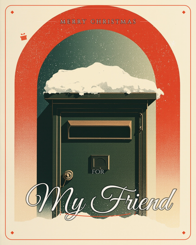 A dark green mailbox with a brass letter slot and dial lock sits topped with a thick drift of snow, framed by a bold red archway that fades into a…, a christmas e-card design