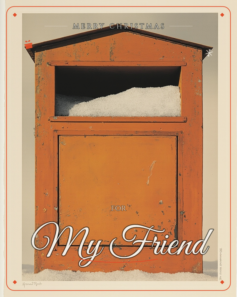 A weathered orange cabinet with a peaked roof stands against a plain grey backdrop, its upper compartment stuffed with a mound of rough white salt or sand, a christmas e-card design