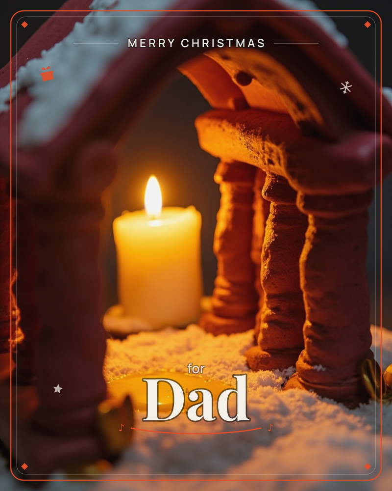 A close-up photograph shows a small wooden gazebo-like structure with dusted snow along its rooftop and beams, sheltering a single lit candle glowing…, a christmas e-card design