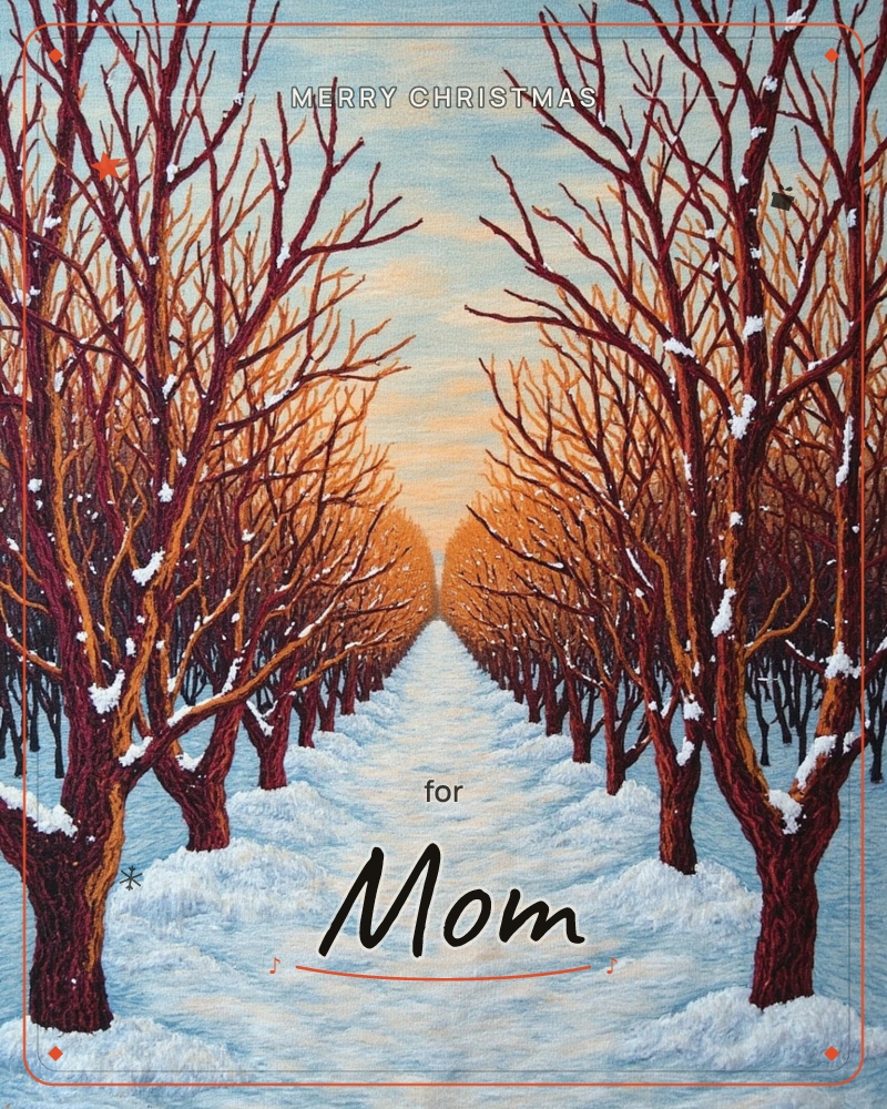 A snow-covered path stretches straight into a glowing sunset, framed by two rows of bare orchard trees with dark reddish bark and touches of snow on…, a christmas e-card design