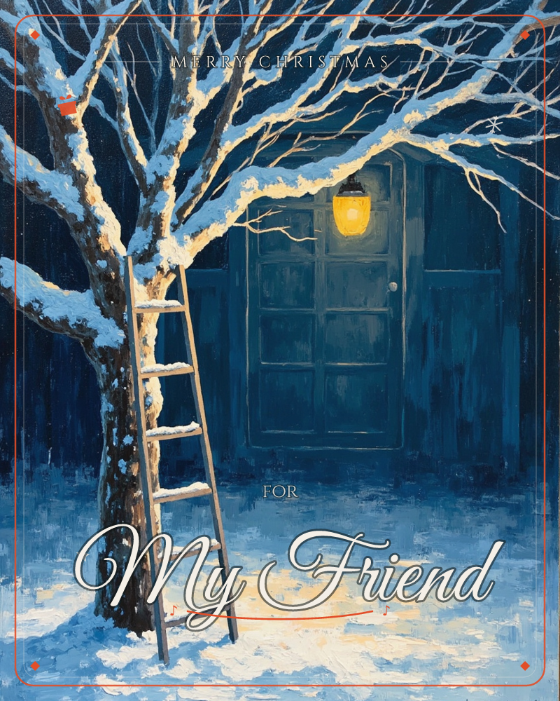 A snow-laden tree leans over a wooden ladder propped against its trunk, its bare branches frosted white against the night, a christmas e-card design