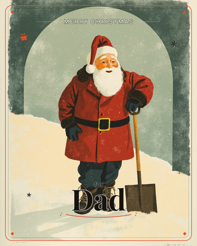 Santa stands in a snowy archway, leaning on a wooden shovel after clearing a path, his cheeks flushed pink from the cold, a christmas e-card design