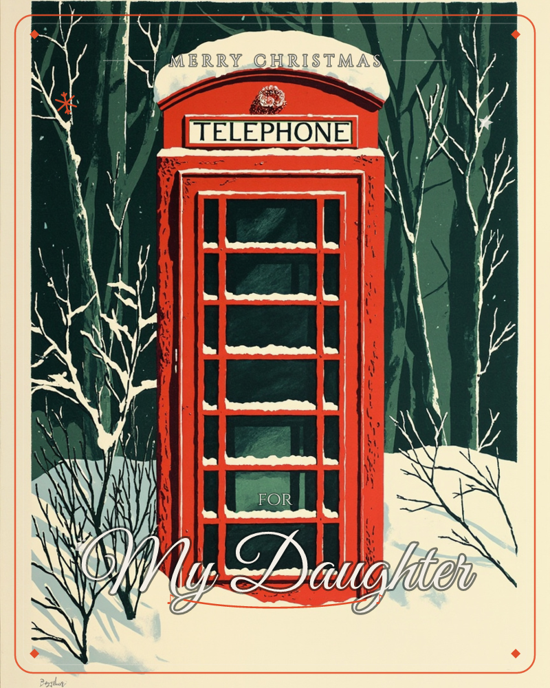 A classic red telephone box stands alone in a snowy wood, its roof and window ledges capped with fresh snow, a christmas e-card design