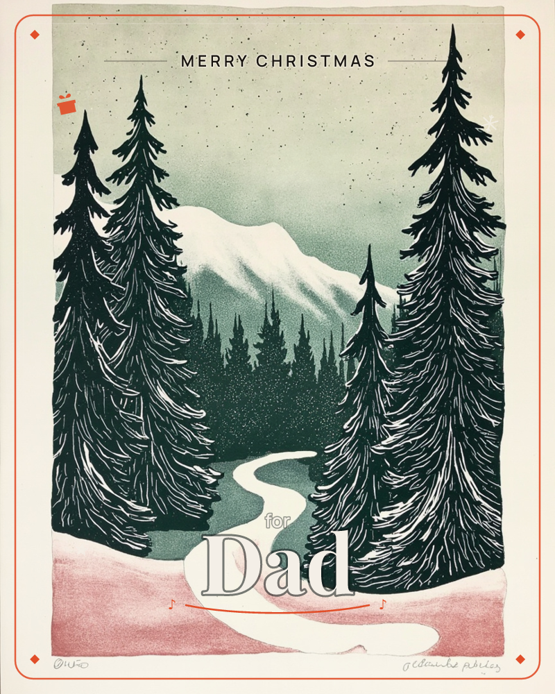 A snow-covered path winds between tall, densely inked pine trees toward a distant snow-capped mountain, a christmas e-card design