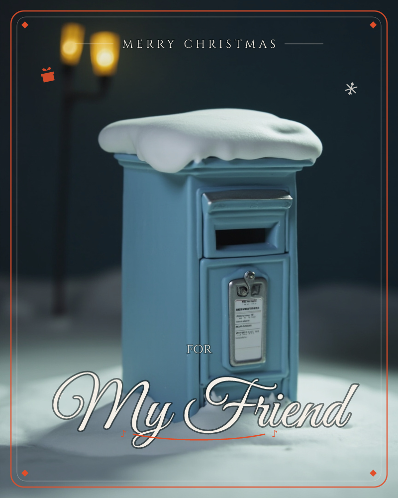 A powder-blue postbox stands alone in deep snow, its lid capped with a thick pillow of white, while a lamppost glows softly in the dark background, a christmas e-card design