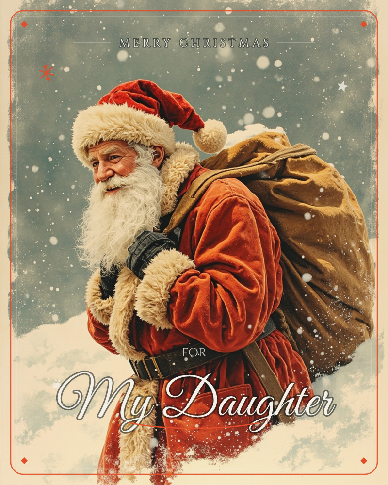 A weathered Santa trudges sideways through falling snow, a heavy tan sack slung over one shoulder, his fur-trimmed red coat and cap catching the last…, a christmas e-card design