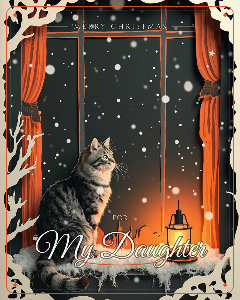 A tabby cat sits on a snow-dusted windowsill, gazing out through a paned window at falling snow, with rust-orange curtains framing the dark night sky, a christmas e-card design