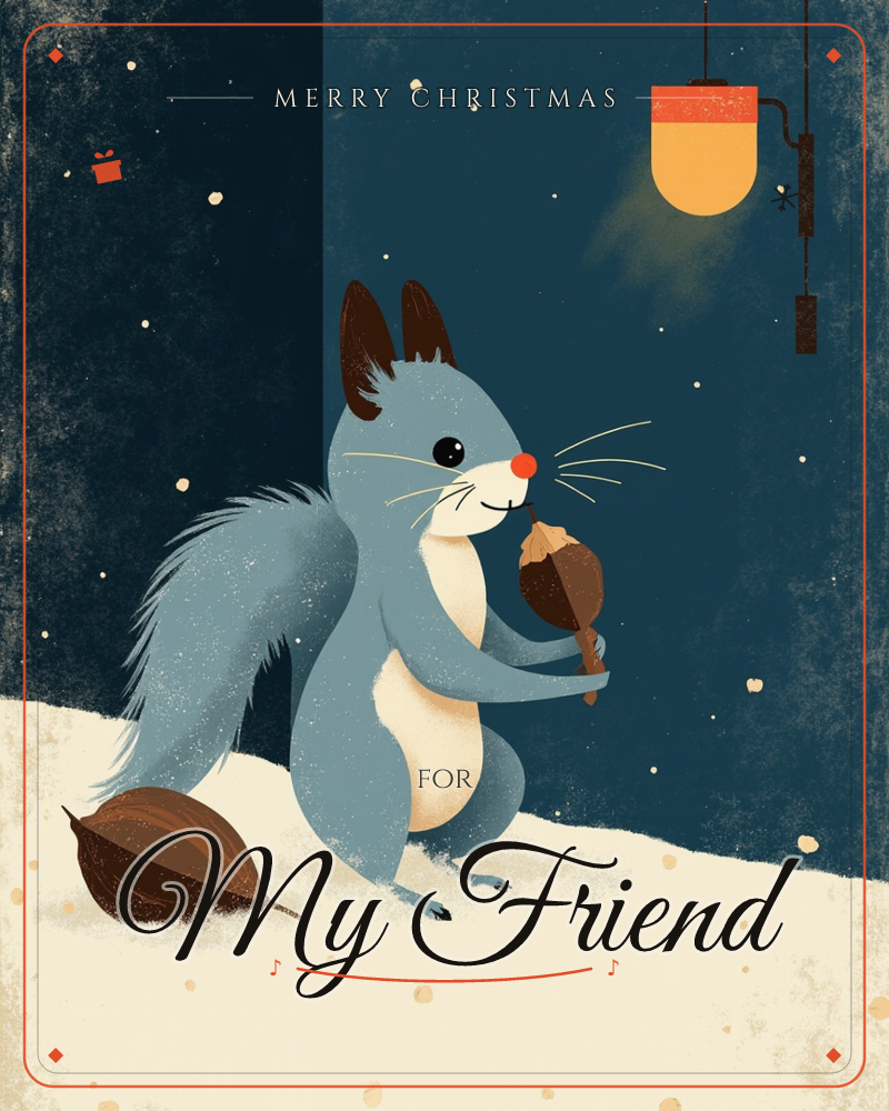 A blue-grey squirrel with a rosy nose stands on a snowy bank at night, clutching an acorn while another lies beside it in the snow, a christmas e-card design