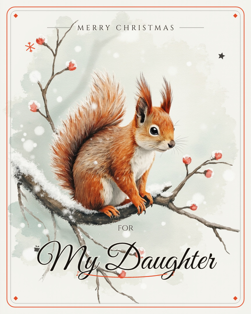 A red squirrel with tufted ears and a full, fluffy tail perches on a snow-dusted branch, surrounded by delicate twigs studded with red winter berries, a christmas e-card design