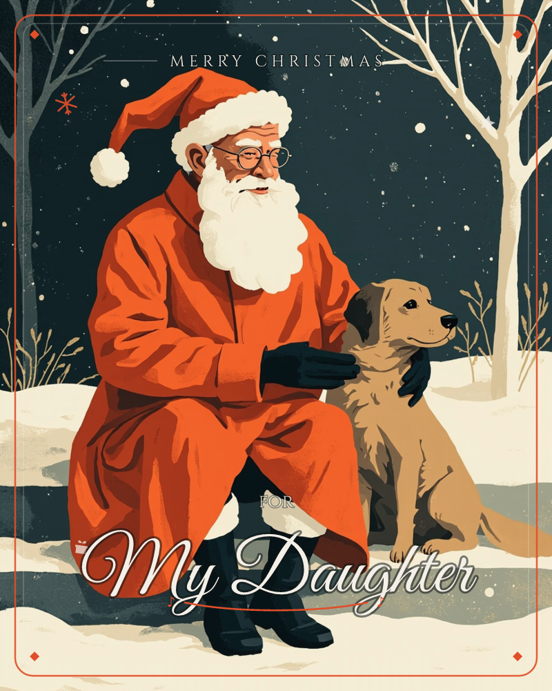 Santa kneels in a snowy clearing at night, his round glasses and white beard catching the light as he rests a gloved hand on a golden dog sitting…, a christmas e-card design