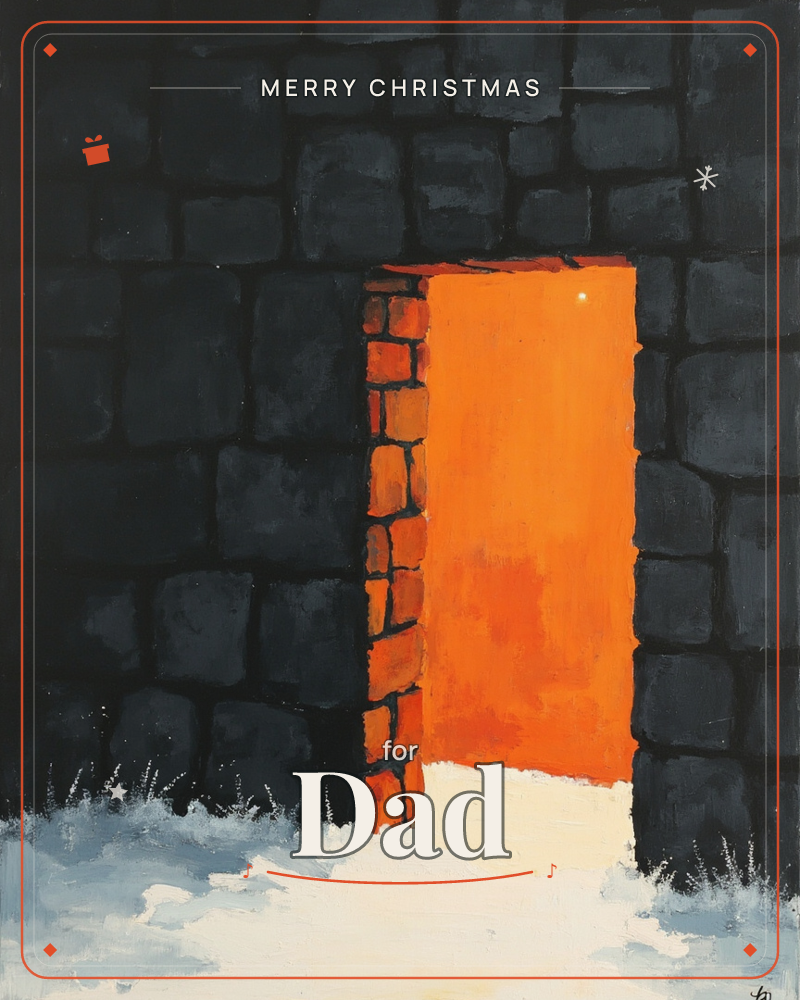 A dark stone wall rises against a snowy ground, broken by a single doorway glowing bright orange like a furnace, a christmas e-card design