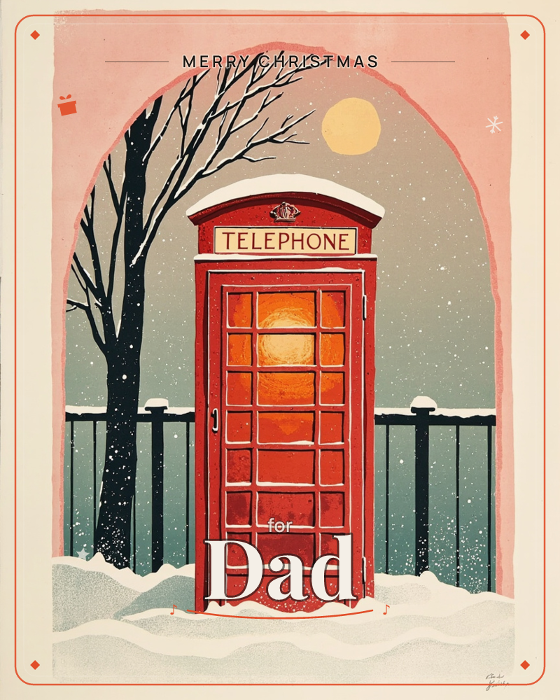 A classic red British telephone box glows warmly from within, its windows lit amber against a snowy dusk, a christmas e-card design