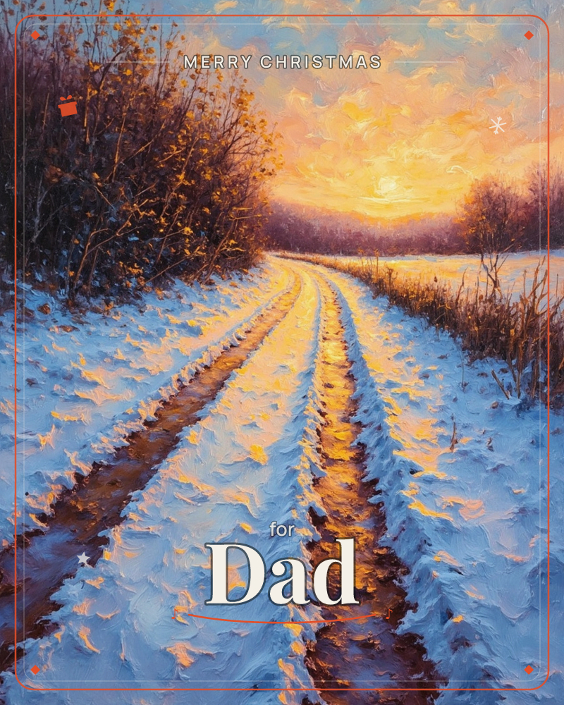 A rutted country track cuts through snow toward a blazing winter sunset, its muddy grooves catching gold light while bare bushes and frosted fields…, a christmas e-card design