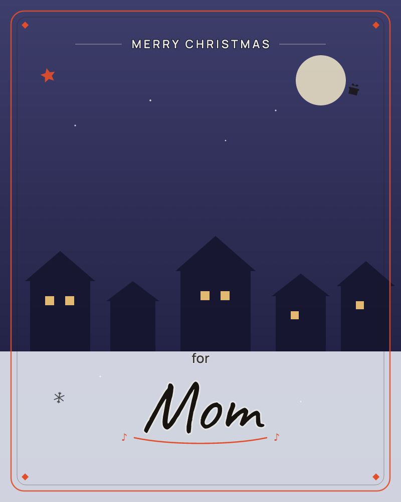 A row of dark, simple house silhouettes sits beneath a deep indigo night sky, their small square windows glowing warm amber against the dusk, a christmas e-card design by @DittyCityTeam