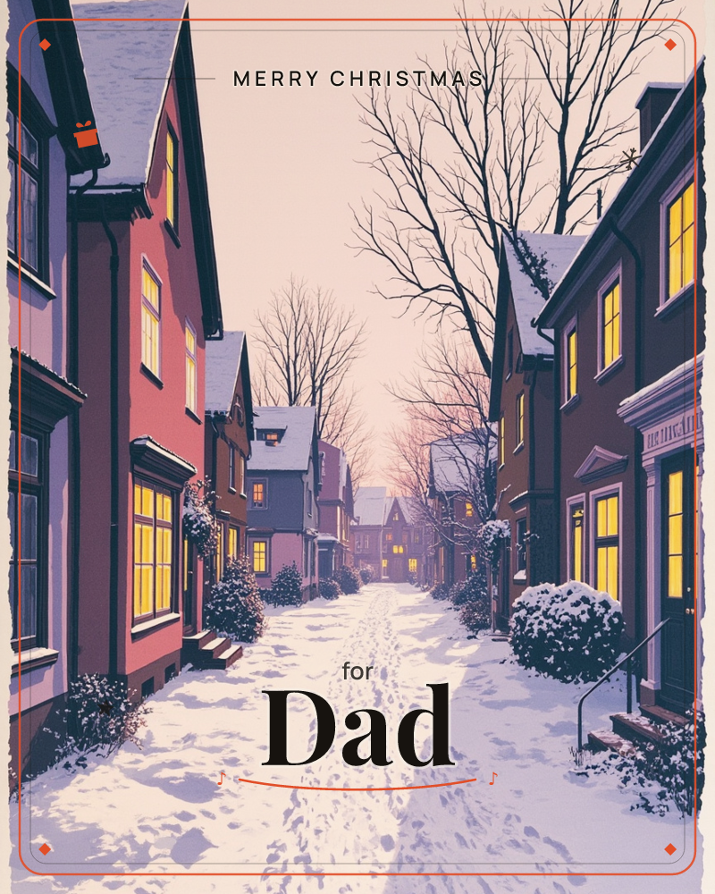 A snow-covered lane runs between rows of tall townhouses, their windows glowing warm gold against the dusky pink sky, a christmas e-card design