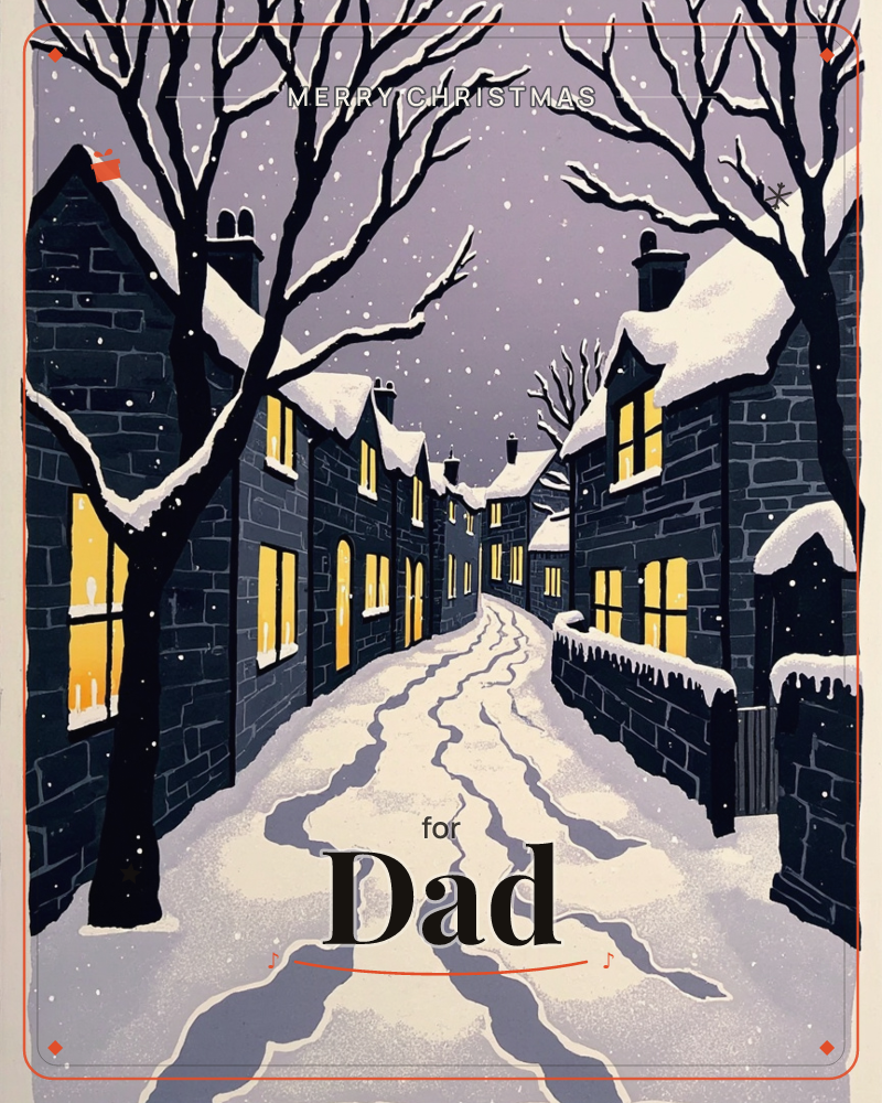 A snow-covered lane winds between rows of dark stone cottages, their windows glowing amber against the twilight, a christmas e-card design