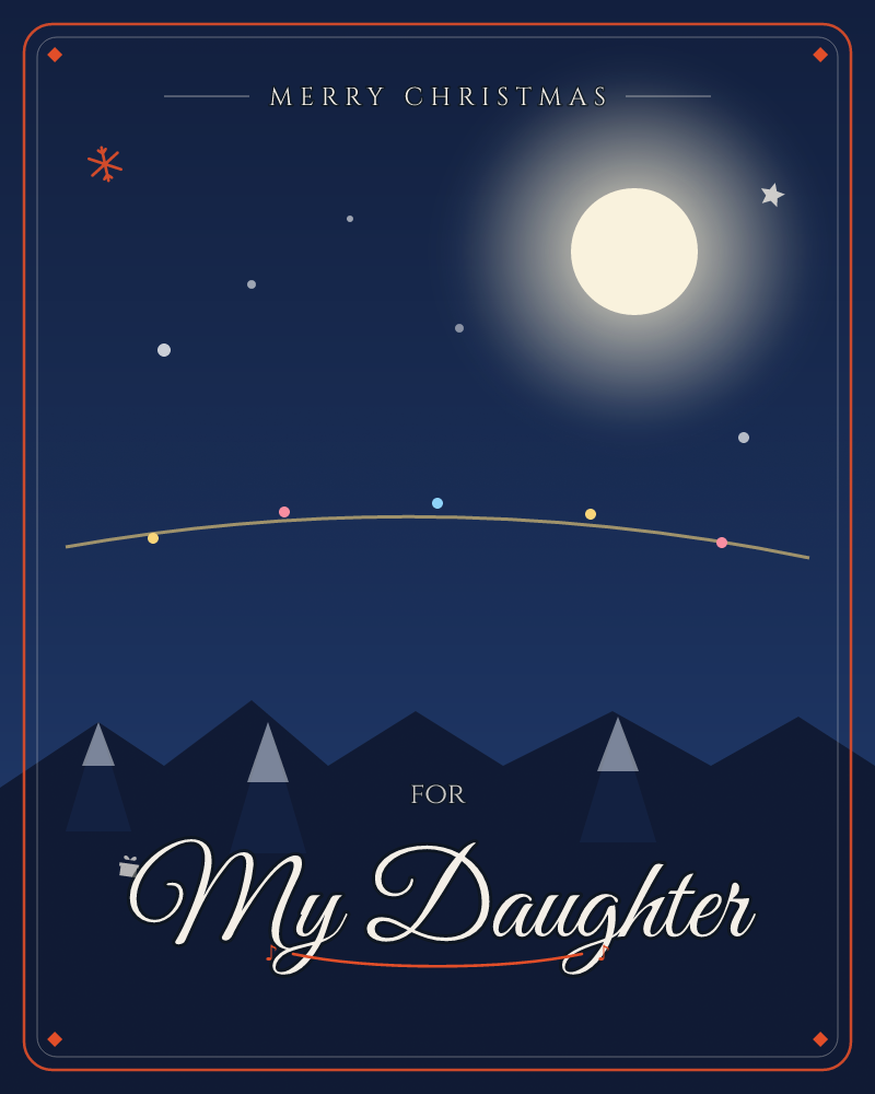 A glowing full moon hangs in a deep navy night sky above a jagged mountain silhouette, a christmas e-card design by @DittyCityTeam