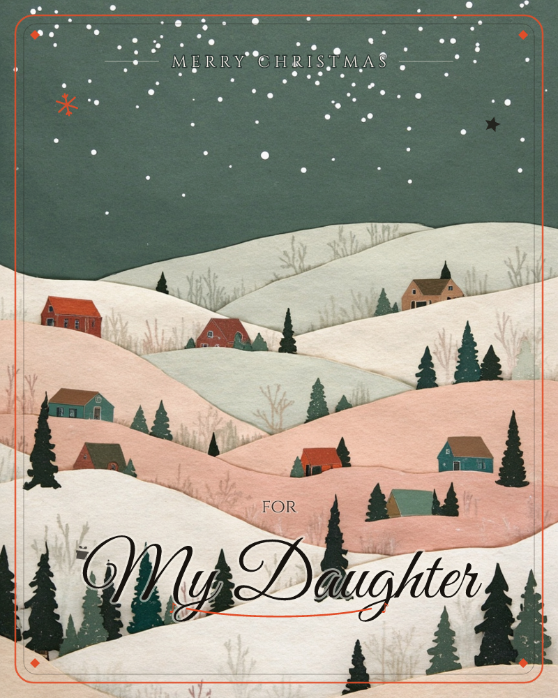 A layered paper-cut landscape shows a scattering of small houses tucked into rolling snowy hills beneath a dark starlit sky, a christmas e-card design