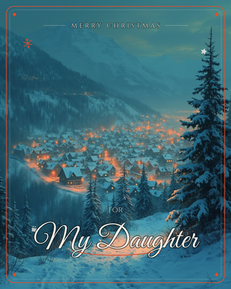 A snow-covered mountain village glows with warm amber lights at dusk, nestled in a valley beneath towering peaks, a christmas e-card design