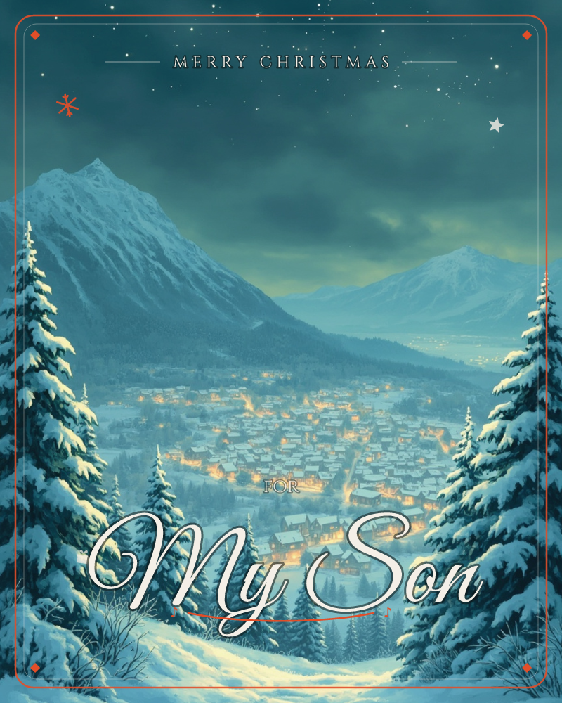 A snow-laden mountain valley at dusk, framed by tall pines heavy with fresh snowfall, opens onto a small town glowing with warm amber lights below, a christmas e-card design