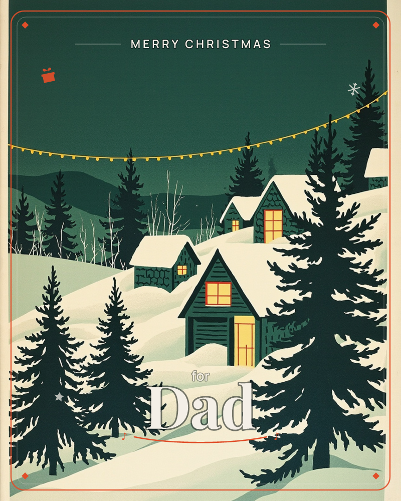 A cluster of snow-capped cabins glows with warm amber windows against a deep teal winter night, tucked among dark pine trees and rolling hills, a christmas e-card design