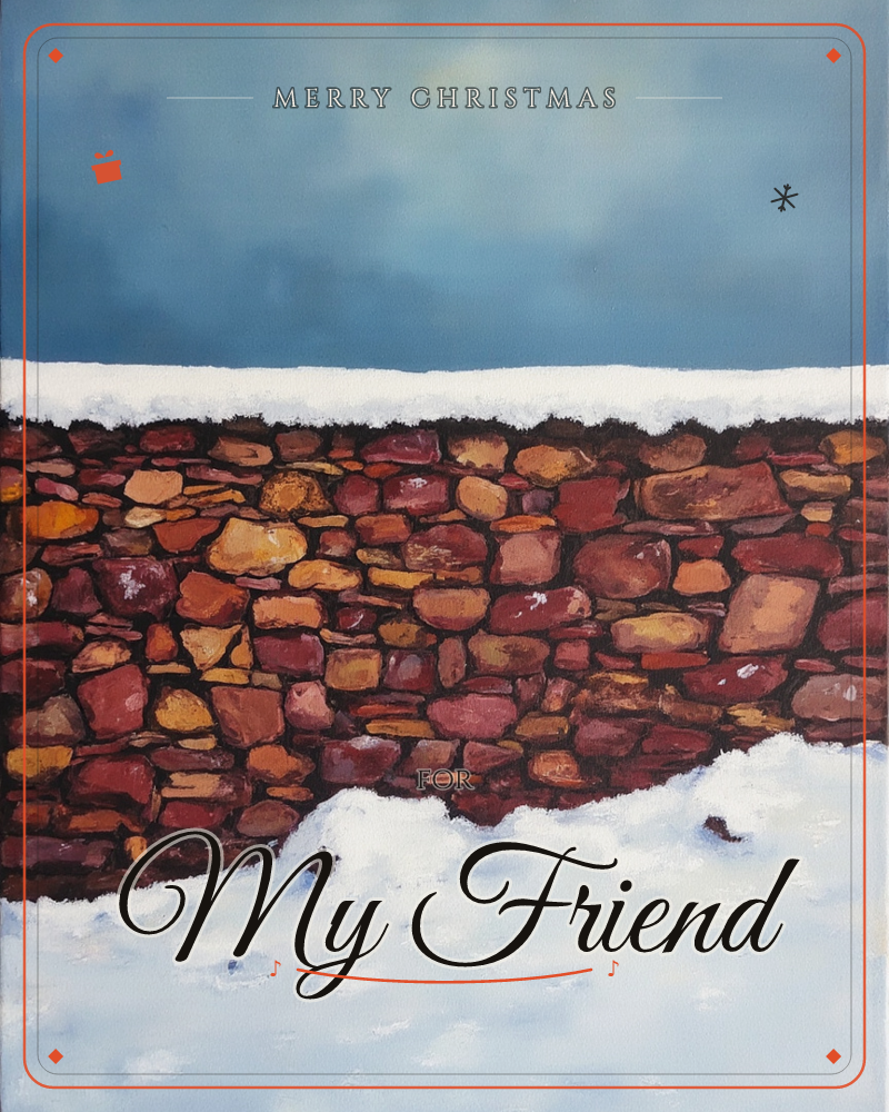 A rustic stone wall built from rounded red, rust, and ochre rocks stretches across the middle of the card, capped with a thick ridge of snow that…, a christmas e-card design