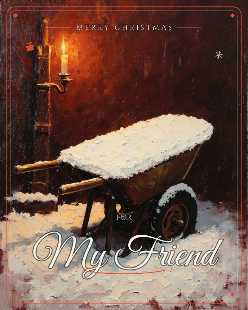 A snow-covered wheelbarrow stands abandoned in a deep drift, its wooden handles and thick tire poking through the white, a christmas e-card design