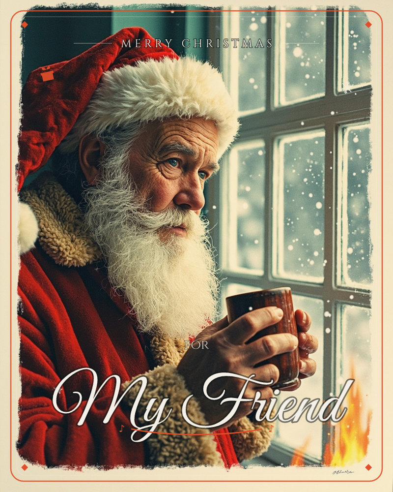 A weathered Santa in his red coat and fur-trimmed hat stands by a frosted window, cradling a wooden mug of something warm as snow falls outside and…, a christmas e-card design