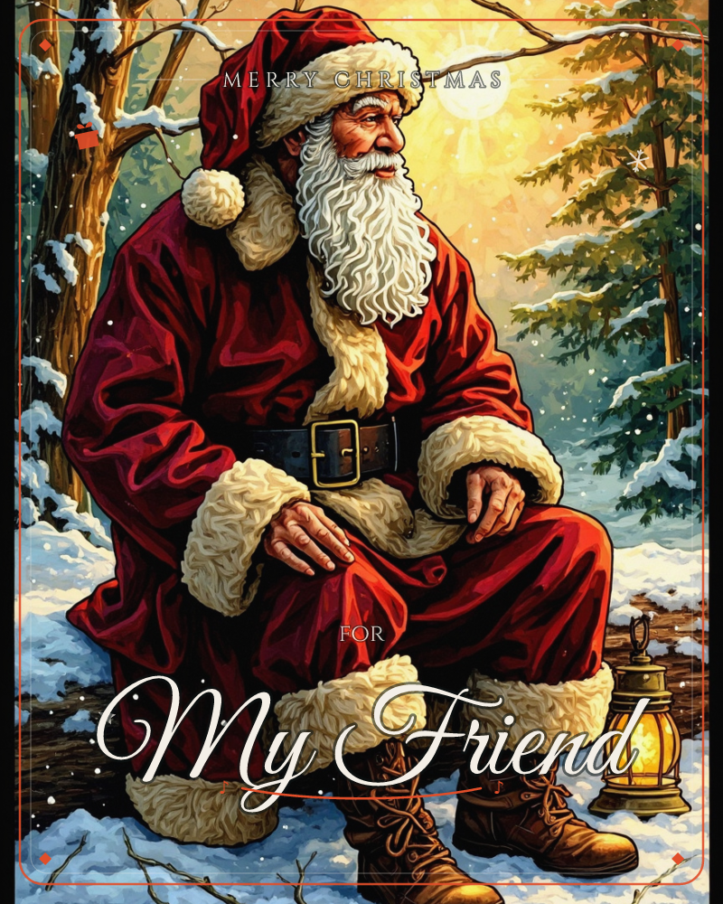Santa sits resting on a snowy log deep in a pine forest, his red coat and white beard glowing in the golden light of a low winter sun, a christmas e-card design