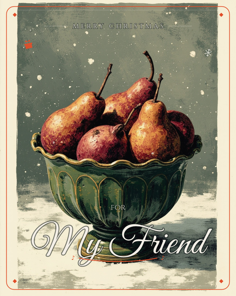 A fluted green pedestal bowl holds a mound of speckled pears and a few dusky plums, their stems curling upward, a christmas e-card design