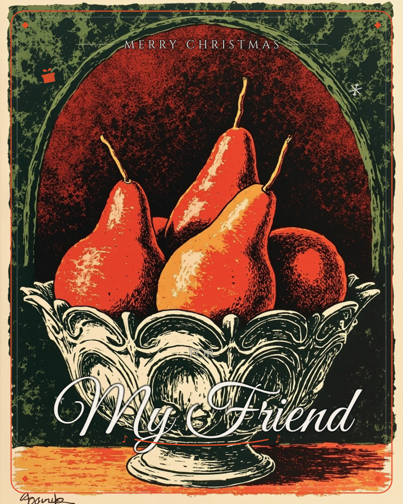 An ornate white bowl holds a cluster of glowing red-orange pears and a single round fruit, set against a deep maroon archway framed in mottled forest…, a christmas e-card design
