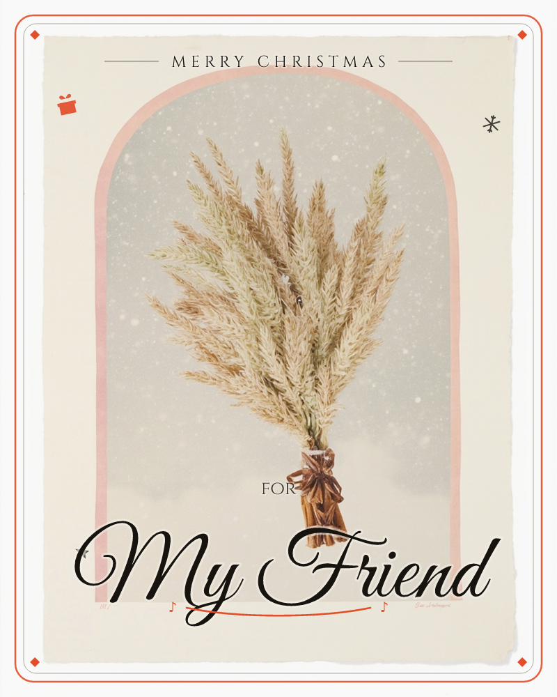A bundle of dried pampas grass hangs upside down, tied with a woven ribbon, framed inside a pink arch against a soft grey sky flecked with falling snow, a christmas e-card design