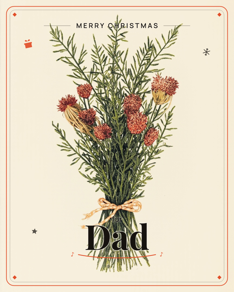 A hand-tied bundle of feathery green sprigs studded with rust-red thistle-like blooms, cinched with a pale twine bow, set against a warm cream background, a christmas e-card design