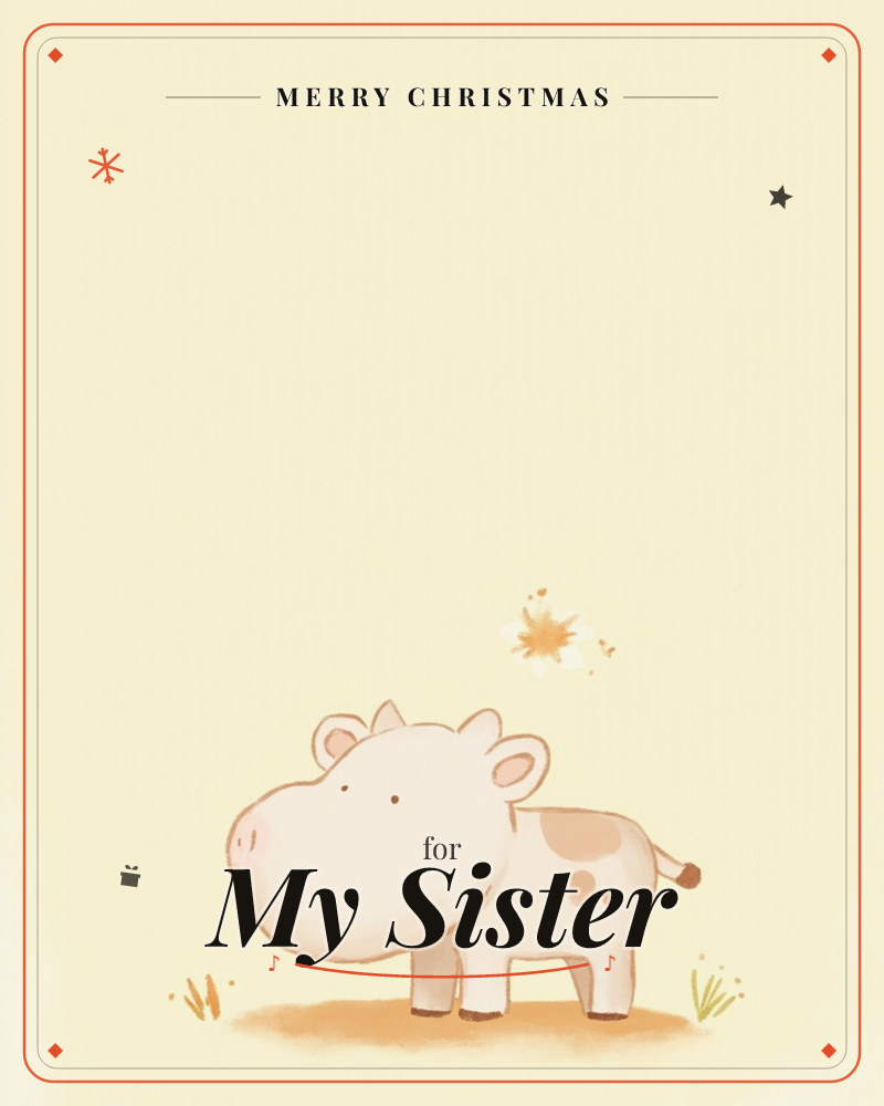 A small round-faced calf stands alone on a plain butter-yellow background, with a few tufts of grass at its feet and a single orange wildflower…, a christmas e-card design