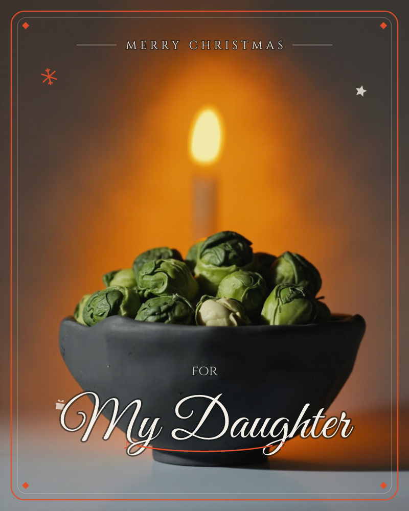 A dark ceramic bowl is heaped with fresh brussels sprouts, their layered green leaves catching the light, a christmas e-card design
