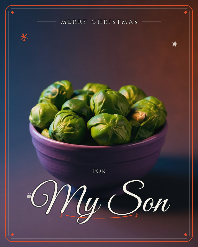 A purple ceramic bowl piled high with fresh brussels sprouts sits against a moody backdrop split between cool blue and warm amber light, a christmas e-card design