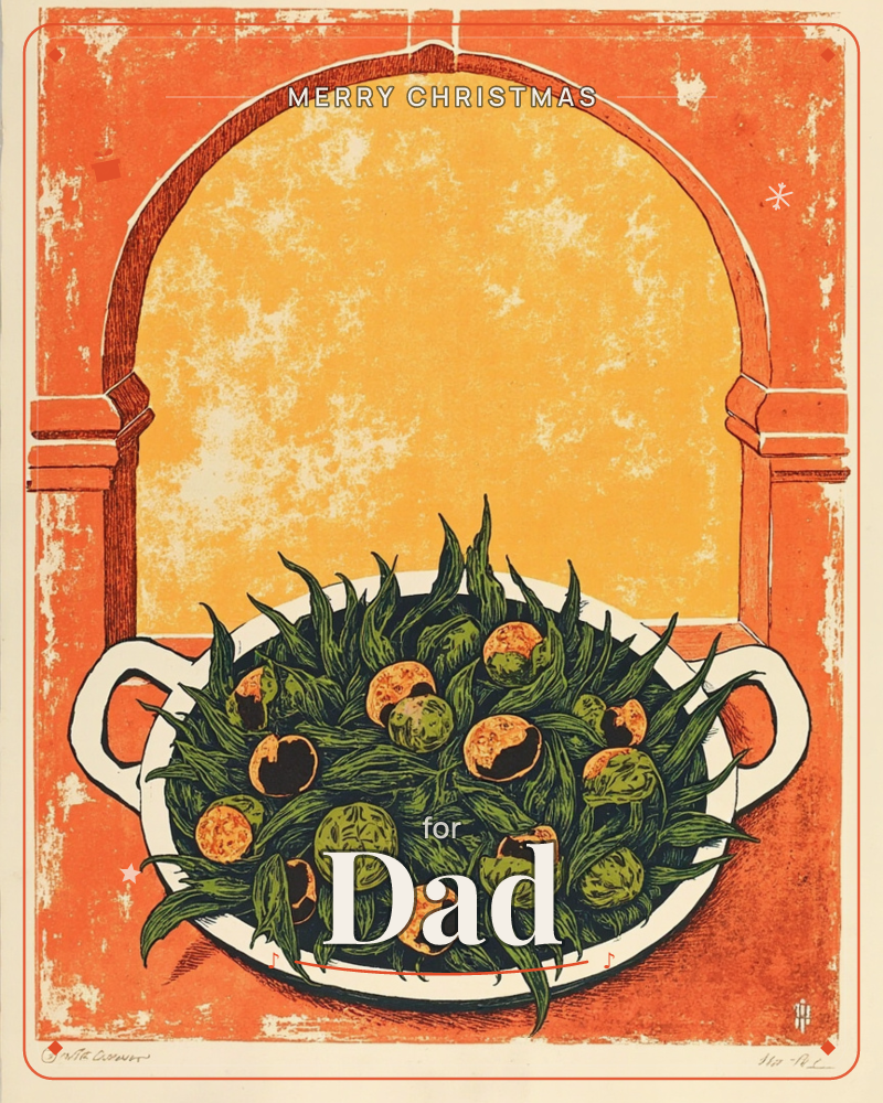 A woodblock-style print shows a white two-handled bowl heaped with dark green herbs and roasted nuts or fruit halves, set beneath a textured orange…, a christmas e-card design