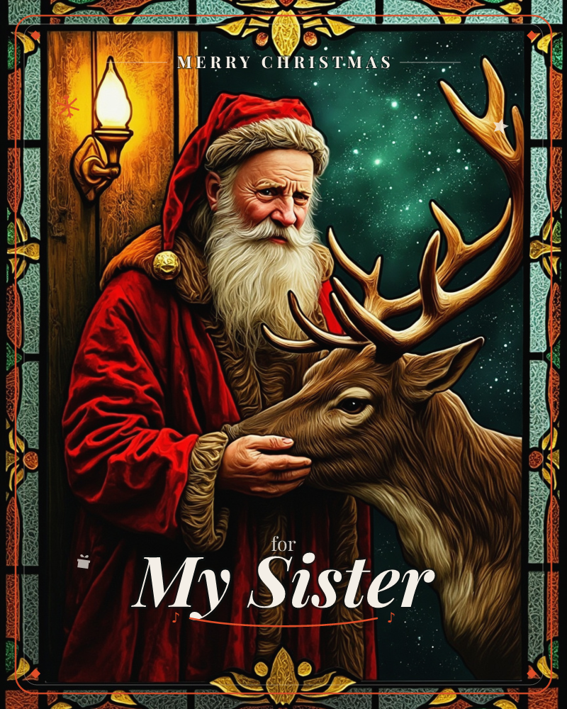 A stained-glass style illustration shows Santa in his red velvet robe gently cradling the face of a large antlered reindeer, an oil lantern glowing…, a christmas e-card design