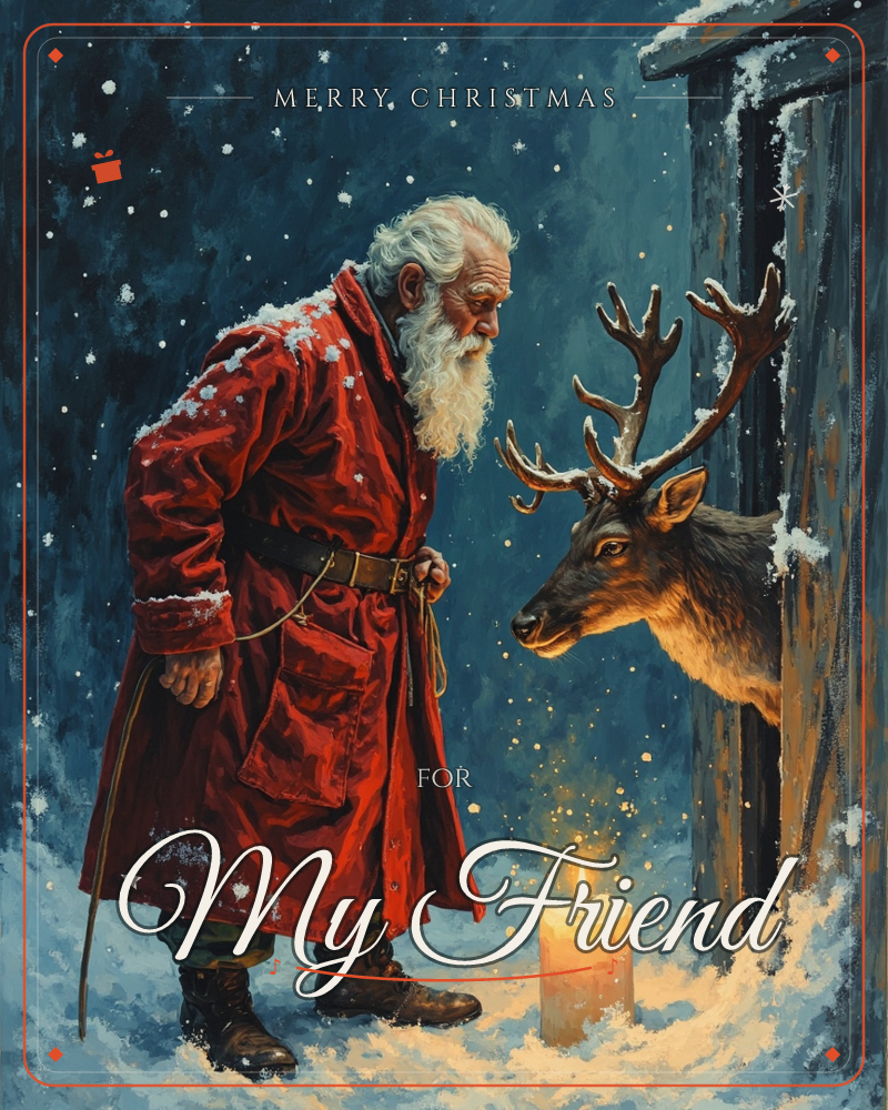 A weathered old man in a long red coat stands snow-dusted in the night, bending close to a reindeer that pokes its antlered head from a wooden stable…, a christmas e-card design