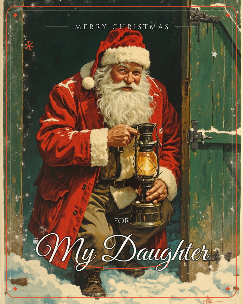 Santa Claus kneels in a snowy doorway, pushing open a weathered green barn door and holding up a glowing brass lantern to peer inside, a christmas e-card design