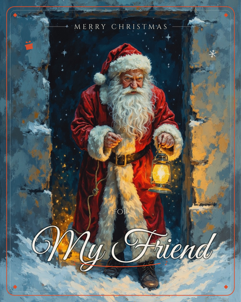 Santa Claus steps through a snow-dusted stone doorway into the night, carrying a glowing lantern and reaching for something at his belt, a christmas e-card design