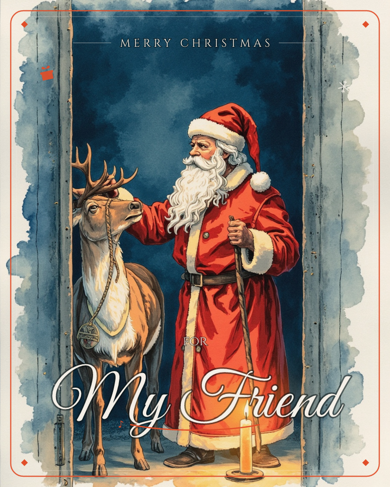 Santa stands in a weathered wooden doorway, gently patting the nose of a harnessed reindeer beside him, a christmas e-card design
