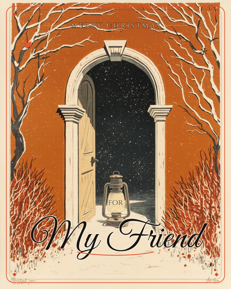 An open door stands in a rust-orange wall framed by bare winter branches and red twiggy shrubs, its arch leading into a starlit night sky rather than a…, a christmas e-card design