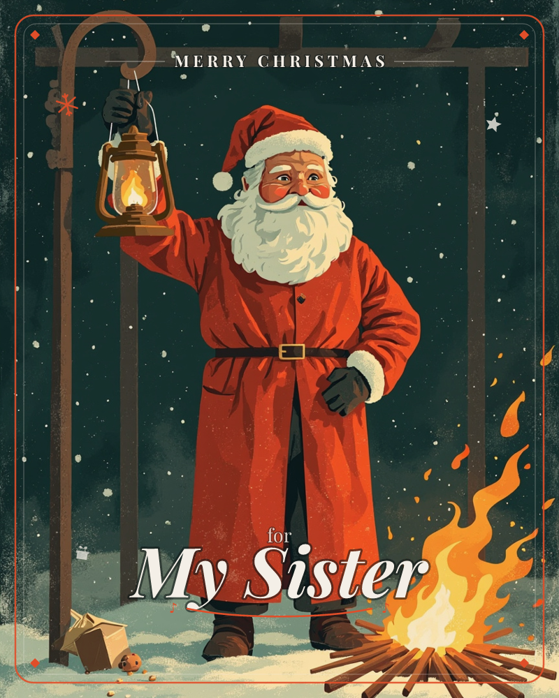 Santa Claus stands in a snowy night scene holding up a glowing lantern, his long red coat and white beard lit by the golden flame of a bonfire…, a christmas e-card design
