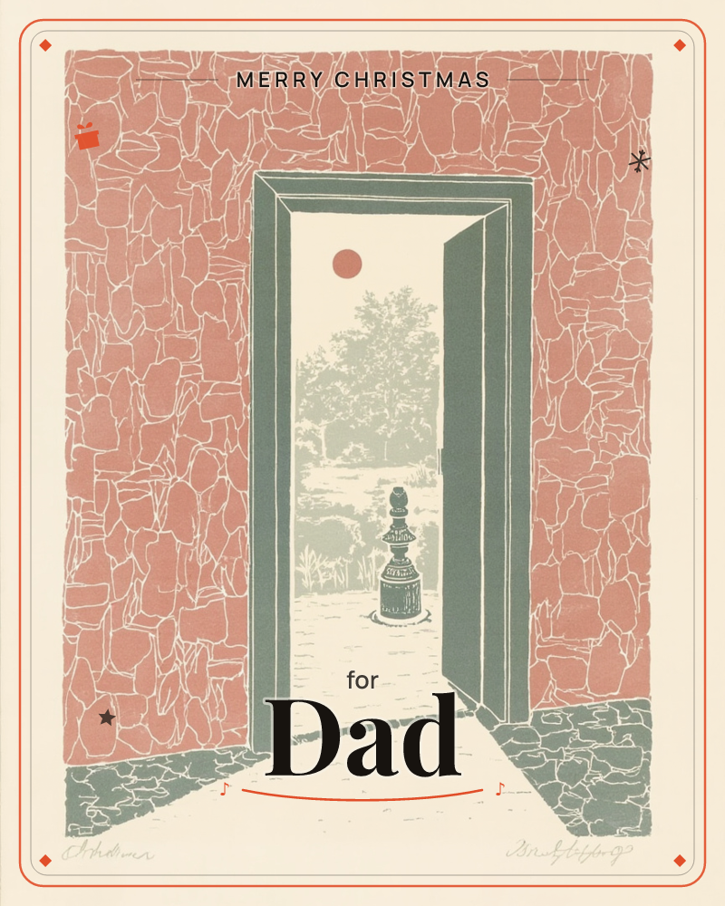 A stylized print of an open doorway set in a thick, terracotta-pink stone wall, framed in muted green, a christmas e-card design