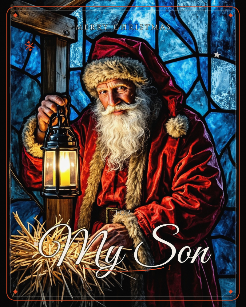 A weathered figure in a fur-trimmed red robe stands in a barn doorway, holding up a glowing lantern over a pile of straw, a christmas e-card design