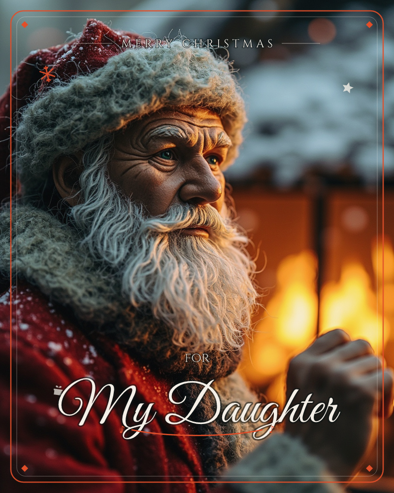 A close-up of a weathered Santa figure in profile, his white beard and fur-trimmed red hood glowing warm against a blurred lantern fire behind him, a christmas e-card design