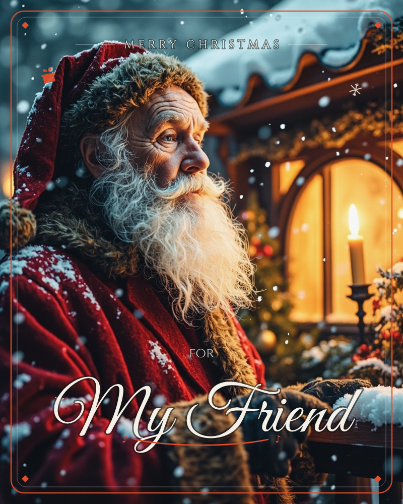 A white-bearded man in a fur-trimmed red robe stands in falling snow beside a glowing cottage window, a lit candle flickering just inside the glass, a christmas e-card design